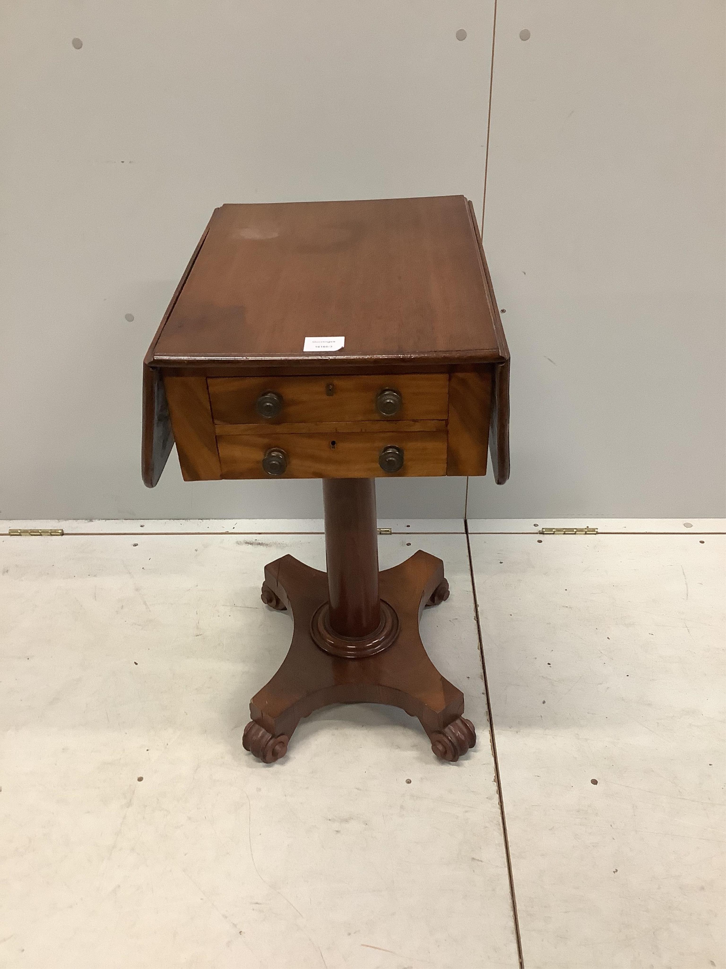 A Victorian mahogany drop flap work table, width 38cm, depth 49cm, height 71cm. Condition - fair